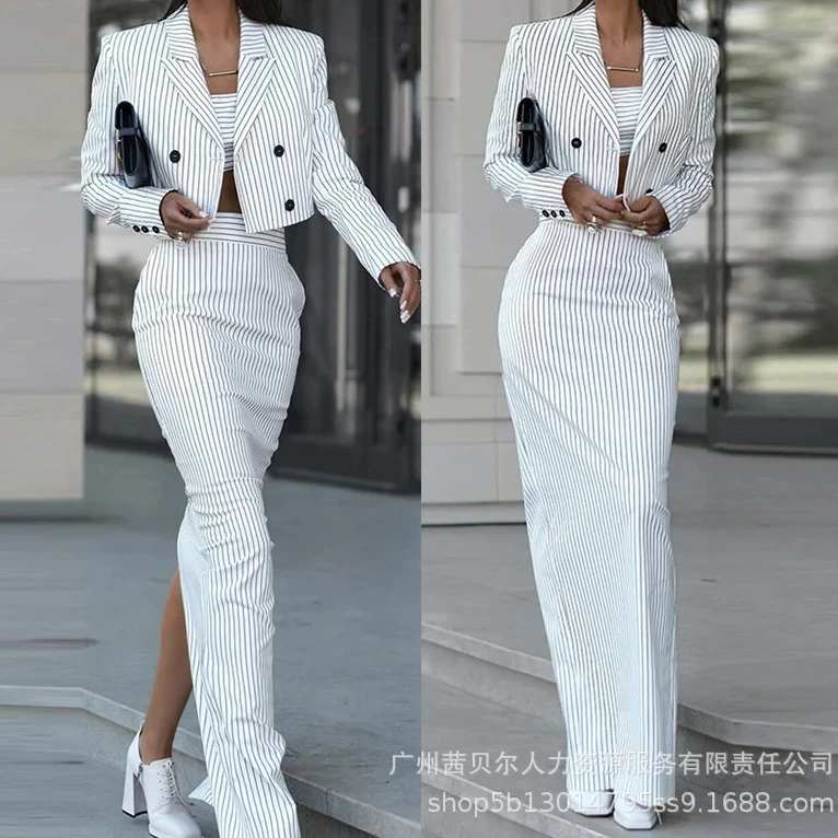 Winter Clothing Women Sale - Striped Blazer Coat & Slit Skirt
